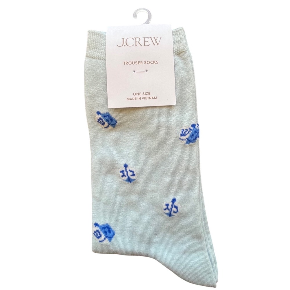 NEW! JCrew Trouser Socks‎ Mint Green Blue Nautical Anchor Floral Print One Size